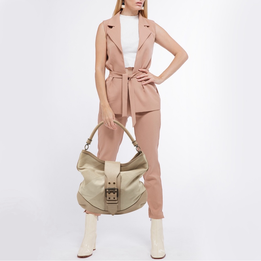 BURBERRY Taupe Supernova Canvas and Leather
Buckle Belted Hobo